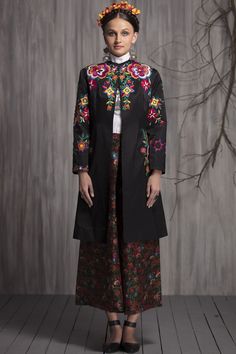 Black long jacket with multi color floral embroidered motifs.
Components:1
Embroidered
Neckline:Round
Sleeve Length:Full
Fabric:Tafetta
Color:Black
Note: Shirt and skirt worn by the model is not for sale - Aza Fashions Long Jacket For Women, Long Jackets For Women, Formal Tops, Rohit Bal, Folk Fashion, Work Jacket, Embroidered Neckline, Jacket For Women, Long Jacket