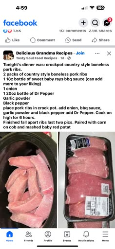 an image of some meat in a pan on the counter and another photo of what appears to be fake food