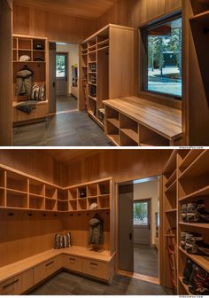 two pictures of the inside of a home with wooden shelves and built - in shoe storage