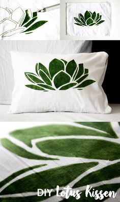 three pillows with green flowers on them and the words diy lotus kissesen written in white