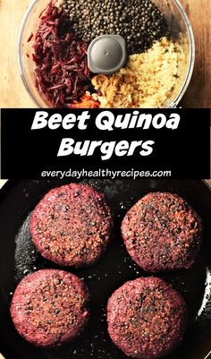 beet quinoa burgers in a skillet with the title above it