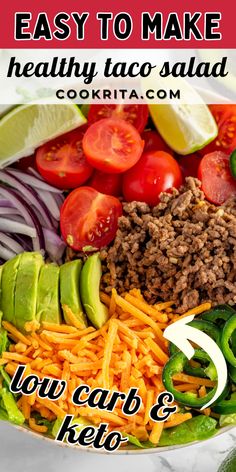 an easy to make healthy taco salad with shredded cheese, lettuce and tomatoes