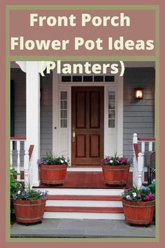 two flower pots on the front steps of a house