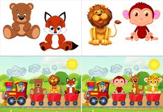 four different pictures of animals riding in a train and on top of a lion, monkey, giraffe