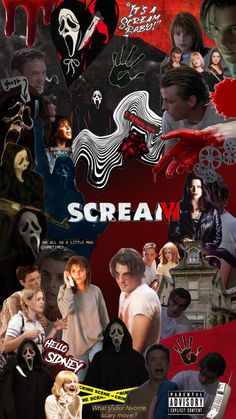 the scream movie poster is shown with many different images and characters on it, including two people