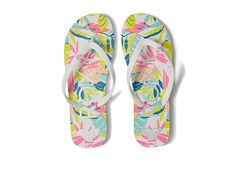 Roxy Tahiti VII - Women's Shoes : Neon Lights : Give your feet a vacation with the beachy vibes and tropical print of the Roxy Tahiti VII sandals! Flip-flops in a lightly cushioned design with a low-profile silhouette. Three-point vamp strap. Soft two-tone TPR uppers with embossed logo detail. Molded heart logo adorns upper. Dual-density EVA footbed with floral print. EVA outsole with logo tread for long-lasting wear and added traction. Imported. Measurements: Weight: 2.6 oz Product measurements White Flip Flops For Beach Vacation, White Summer Flip Flops For Vacation, White Open Toe Flip Flops For Vacation, White Tropical Flip Flops For Vacation, White Tropical Style Flip Flops For Summer, Tropical White Flip Flops For Vacation, Tropical White Vacation Flip Flops, White Synthetic Sandals For Pool, White Summer Flip Flops For Beach Season