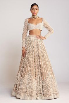 Beige attached cancan lehenga with chandelier pearl drop embellishments. Comes with full sleeve pearl drop blouse and dupatta. - Aza Fashions Dupatta Draping With Belt, Dupatta With Belt, Beige Lengha, Beige Chandelier, Pearl Lehenga, Biology Diagrams, Vani Vats, Three Tiered Skirt, Full Sleeve Blouse