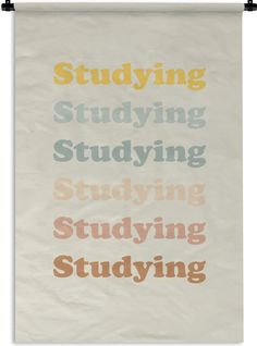 a poster with the words studying in different colors and font styles on it, hanging from a black frame