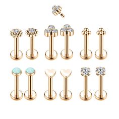 six pairs of gold plated stainless steel barbells with crystal stones on each end