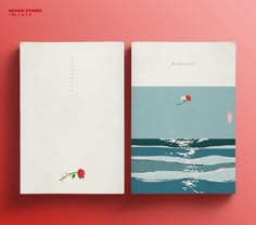 two sheets of paper on top of each other in front of a red background with water and flowers