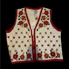 Christmas Ugly Sweater Party, White And Red Christmas, Holiday Vest, Floral Vest, Christmas Vest, Christmas Sweater Vest, Origami Ideas, Christmas Ugly Sweater, Floral Vests