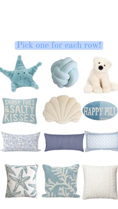 pillows and pillow covers with the words pick one for each row in blue on white