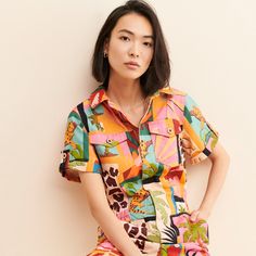 Trendy Button-up Tops With Tropical Print, Vacation Button-up Blouse With Tropical Print, Tropical Collage, Farm Rio Inspiration, Tropical Printed Button-up Top, Illustrated Clothing, Farm Rio Jumpsuit, Travel Wear, Summer Mood