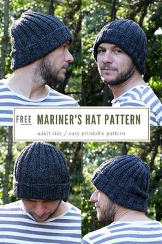 a man wearing a striped shirt and beanie hat with the text free marine's hat pattern