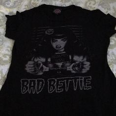 Bettie Page Mugshot Tee. Fitted. Never Worn. Fits Smaller Than Xl. Betty Page, Bettie Page Halloween, Black Betty Boop T Shirts, Bettie Page Shoes, Bettie Page Leopard, Western Goth T-shirts & Tank Tops, Bettie Page, Mug Shots, Dress Up