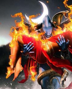 an image of a man with fire coming out of his chest and arms, in front of a dark background