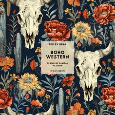 the boho western wallpaper is shown with flowers and longhorn skulls on it