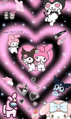 an image of some cartoon characters in the air with hearts and stars around them on a black background