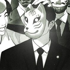 a black and white drawing of two men in suits with a cat on their head