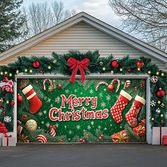 a garage decorated for christmas with stockings and stocking hanging from the roof, surrounded by holiday decorations