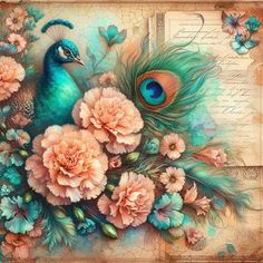 a painting of a peacock and flowers on a piece of paper with an old fashioned background