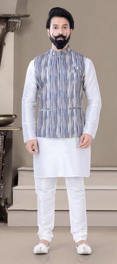 White and Off White color Kurta Pyjama with Jacket in Art Silk fabric with Printed work White Cotton Nehru Jacket With Stand Collar, Festive White Cotton Outerwear, Festive White Outerwear With Stand Collar, White Cotton Nehru Jacket With Long Sleeves, Kurta Pyjama With Jacket, Kurta Pyjama, Silk Kurta, Color Art, Off White Color