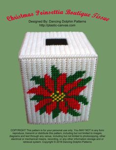 a christmas poinsettia tissue box is shown with the words, design by dancing dolphin patterns