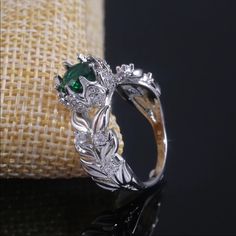 Simulated Emerald 925 Stamped Luxury Silver Emerald Promise Ring, Dainty Wedding Ring, Fashion Rings Silver, Big Stone Ring, Green Emerald Ring, Sterling Silver Promise Rings, Feather Ring, Feather Pattern, Zircon Ring