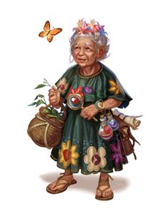 an old woman with baskets and butterflies on her head, holding a plant in one hand