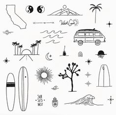 a black and white drawing of surfboards, palm trees, and a van on the beach