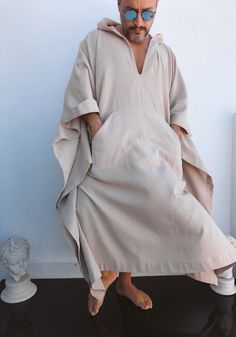 Mens Cotton Gauze Caftan With Hood / Sand Natural Color / - Etsy Male Kaftan Styles, Mens Tunic, Kaftan For Men, Ibiza Summer, Kaftan Pattern, Kaftan Styles, Greece Fashion, Menswear Details, Women's Sewing Pattern