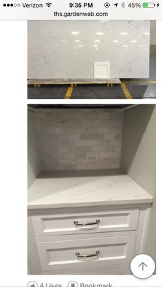 two photos showing the same white marble counter top