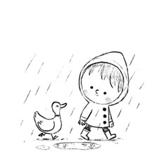 a drawing of a little boy walking in the rain with a duck next to him