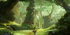 a person standing in the middle of a lush green forest with a giant statue behind them