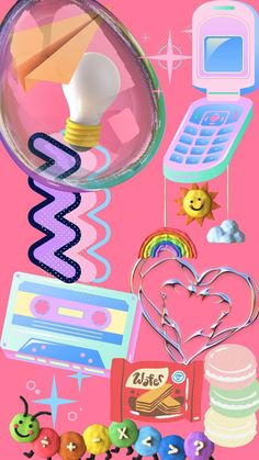 a pink background with many different items in the shape of a heart and a cell phone