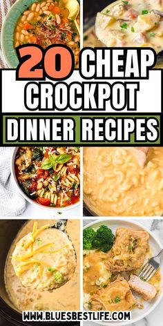 These 20 cheap crockpot dinner recipes are perfect to feed a family when you are watching your grocery budget.  These cheap crockpot meals have different options from soup, beef, chicken and are quick and easy to put together.  many of these make 6- 8 portions to serve large families or for leftovers the next day.  Stretch your food budget with these delicious recipes! Family Dinner Menu, Crockpot Recipes Cheap, Crockpot Dinner Recipes, Soup Beef, Pot Food, Easy Crockpot Dinners, Pork Chop Dinner, Best Crockpot Recipes