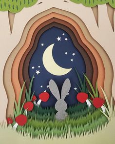 an image of a rabbit sitting in the grass at night with moon and stars above it