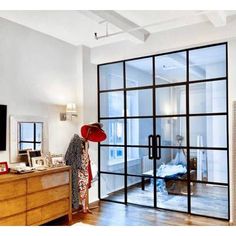 iwd-black-iron-french-double-door-interior-no-threshold-cifd-in011-4-lite-glass-square-transom-double-sidelights Steel French Doors, Glass Partition Wall, Partition Door, Glass Room Divider, Double Doors Interior, Glass Doors Interior, Glass Partition, Partition Design, Room Partition