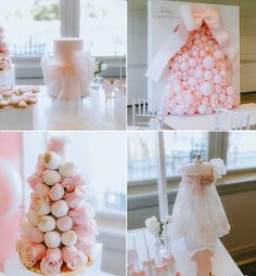 pink and white baby shower items displayed in various stages of being used to decorate the cake