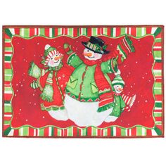 a red and green christmas placemat with two snowmen