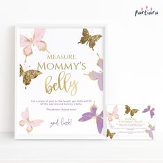 a pink and gold butterfly themed baby shower with its name on the front, it's birth announcement