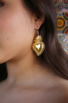 Mexican Heart Earrings (Flaming Heart Earrings Earrings Milagro Earrings Sacred Heart Valentines Day Earrings Gold Frida Khalo Costume) Mexican Flaming Heart, Mexican Gold Earrings, Frida Khalo Costume, Mexican Heart, Valentines Day Earrings, Flaming Heart, Mexican Earrings, Heart Valentines, African Necklace