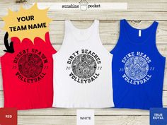 three tank tops with different designs on them, one is blue and the other is red