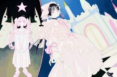 an anime scene with two people dressed in white and one wearing pink, standing next to each other