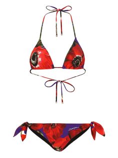 bright red/multicolour stretch-design all-over floral print Top: balconette style underwire cup adjustable spaghetti straps rear hook fastening Bottom: low-rise side lace-up fastening silver-tone logo plaque Be mindful to try on swimwear over your own garments. Balconette Top, Dg Logo, Print Placement, Red Pattern, Floral Print Tops, Anemone, Accessories Unique, Retro Inspired, Try On