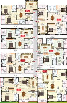 the floor plan for an apartment building with several rooms and one bedroom in each unit