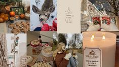 a collage of pictures with candles, food and decorations