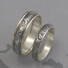 Bands His and Hers Ring Pattern Wedding Band Men's Wedding Rings Women's Comfort Fit Rings Gold Silver Ring Set Wedding Rings Two Tone Our two tone Going Baroque wedding band set is a lovely compliment to a garden style wedding. With this listing you can pair our Touch of Gold Going Baroque Band with its matching sterling silver mate. The all silver band is hand forged from 3.5mm silver preformed pattern wire that has been imprinted with a swirl and leaf design. Its two tone partner is made from Wedding Rings Womens, Set Wedding Rings, His And Hers Ring, His And Hers Rings, Ring Pattern, Pattern Wedding, Silver Ring Set, Ringe Gold, Matching Wedding Bands