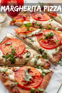 there are four slices of pizza with tomatoes on it and the words margherita pizza above them