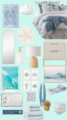 a collage of blue and white items including a bed, mirror, lamp, rugs, lampshades